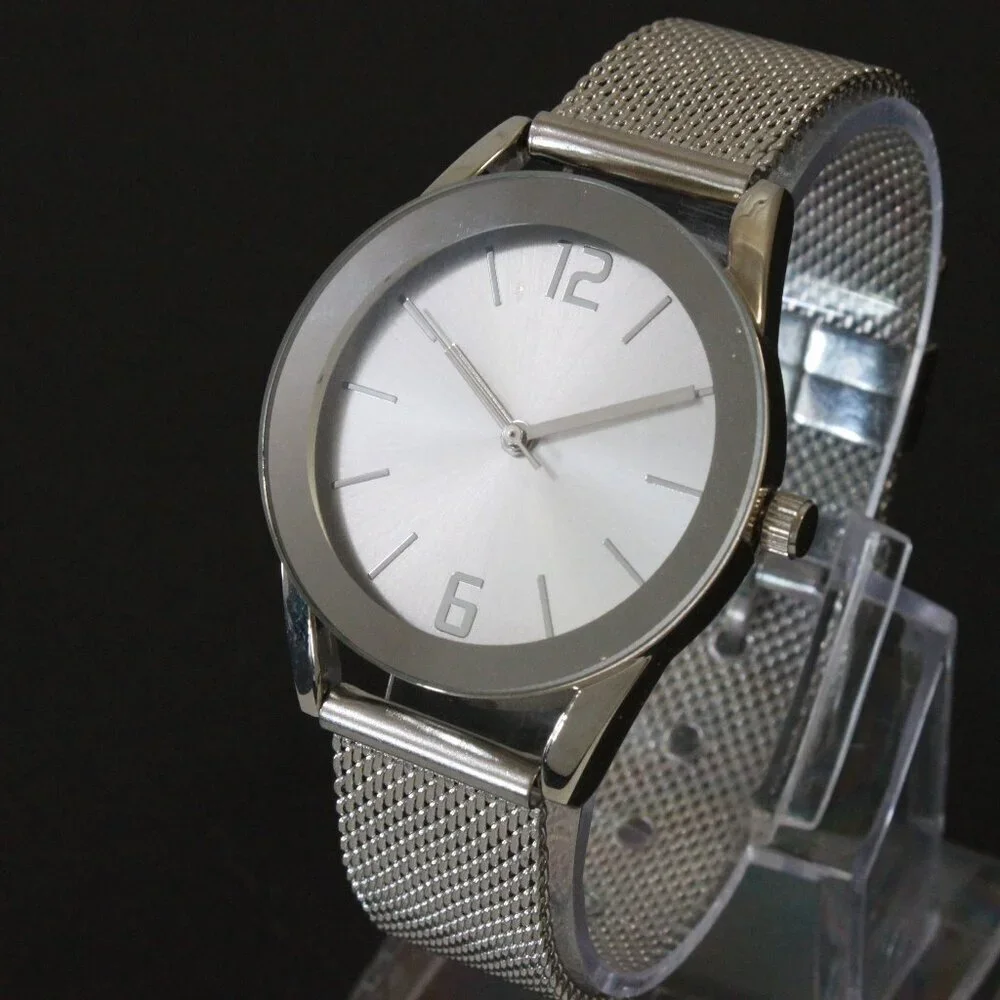 Accutime Ladies Quartz Watch Silver Tone With Wire Milanese Bracelet 34mm